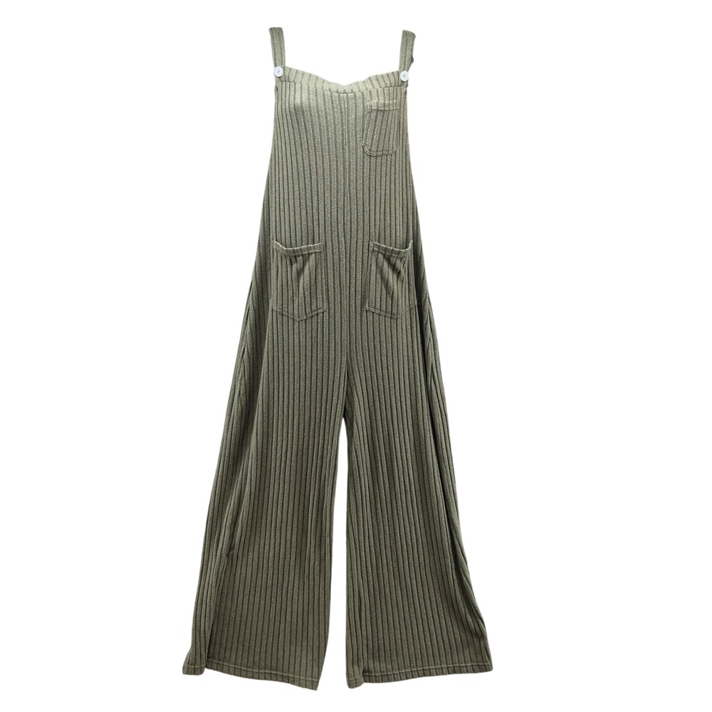 Halara Jumpsuit Womens L Olive Green Ribbed Knit Wide Leg Overall Pocket